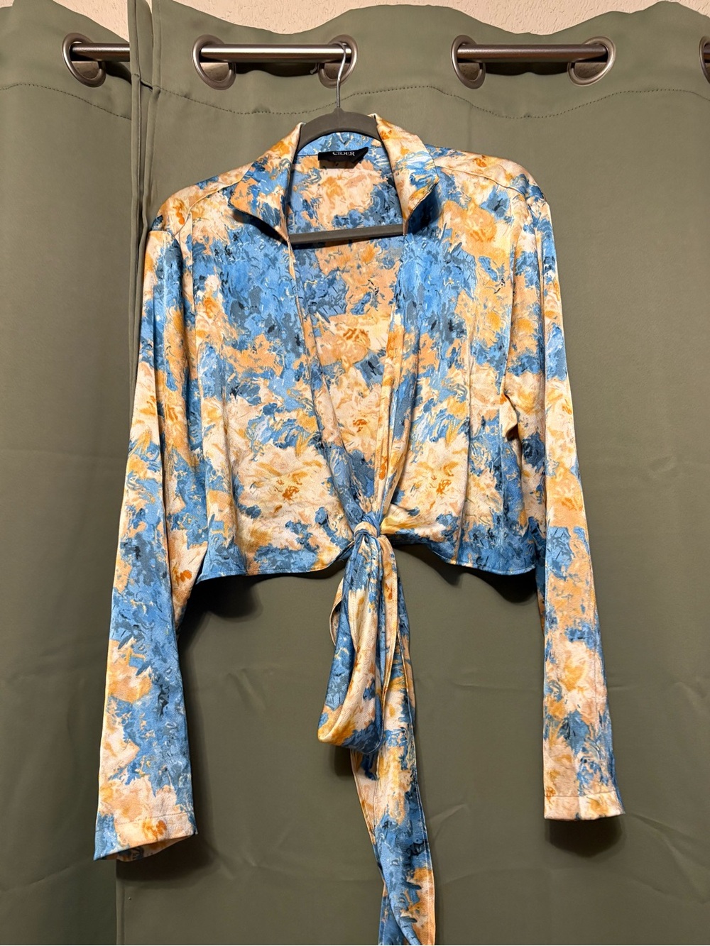 Cider Tie-Front Floral Print Crop Shirt - Blue & Yellow